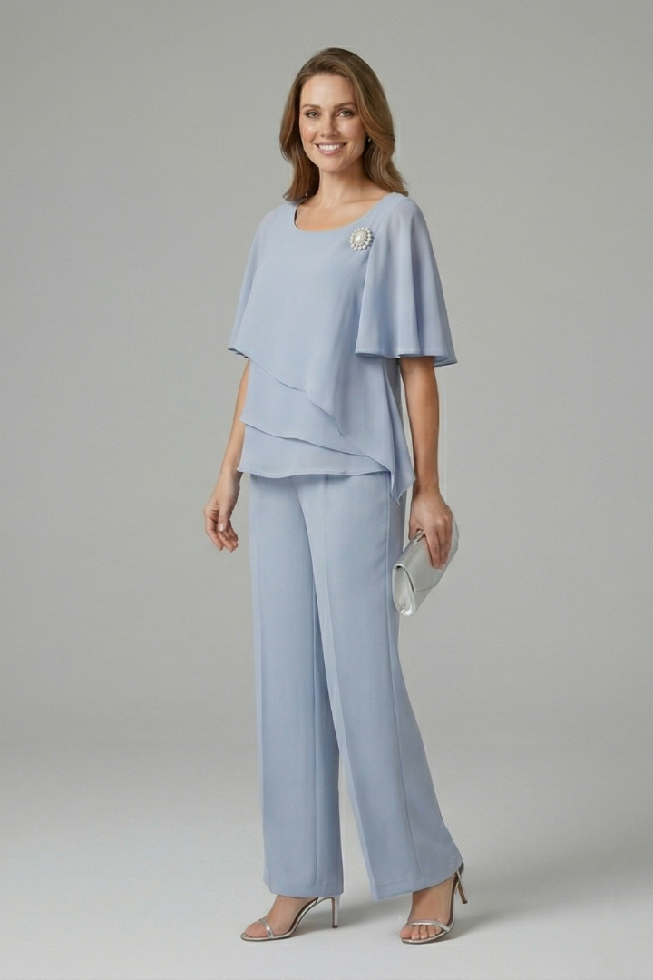 Women's Two-Piece Set with Layered Short Sleeve Top and Straight Leg Trousers | Relaxed Fit Pull-On Co-ord Outfit