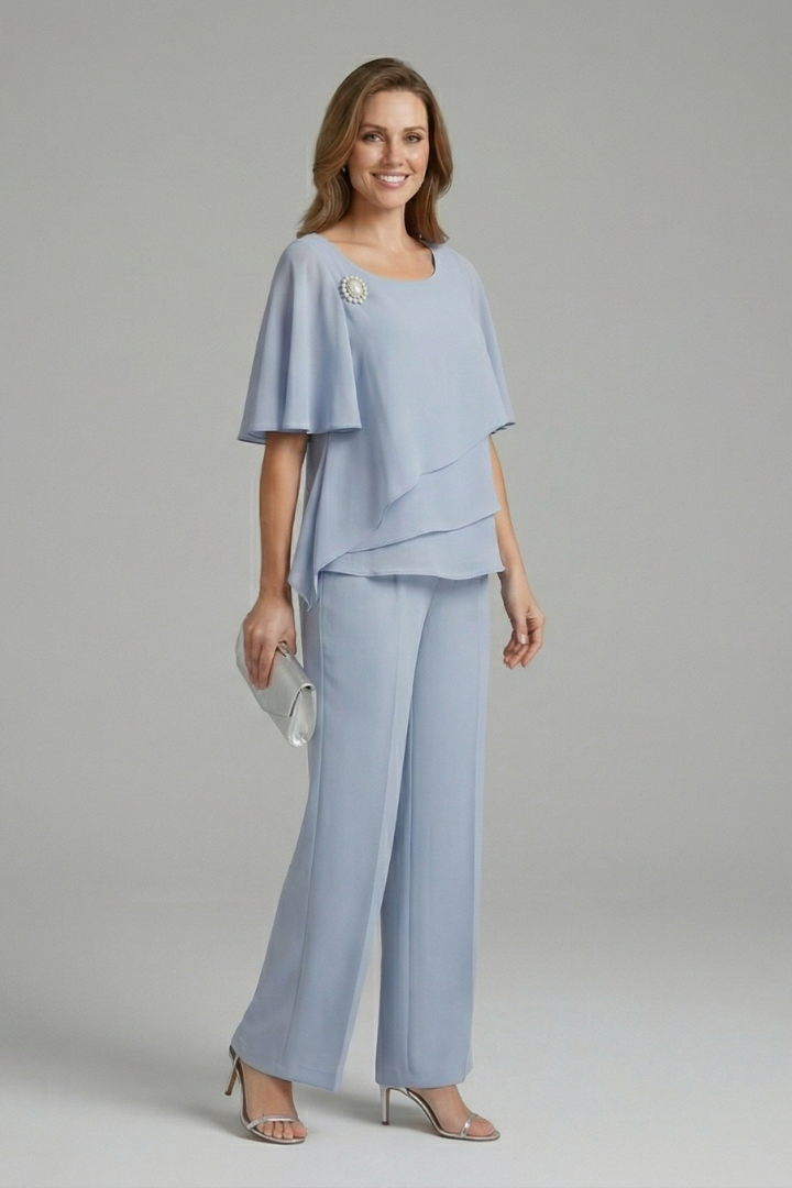 Women's Two-Piece Set with Layered Short Sleeve Top and Straight Leg Trousers | Relaxed Fit Pull-On Co-ord Outfit