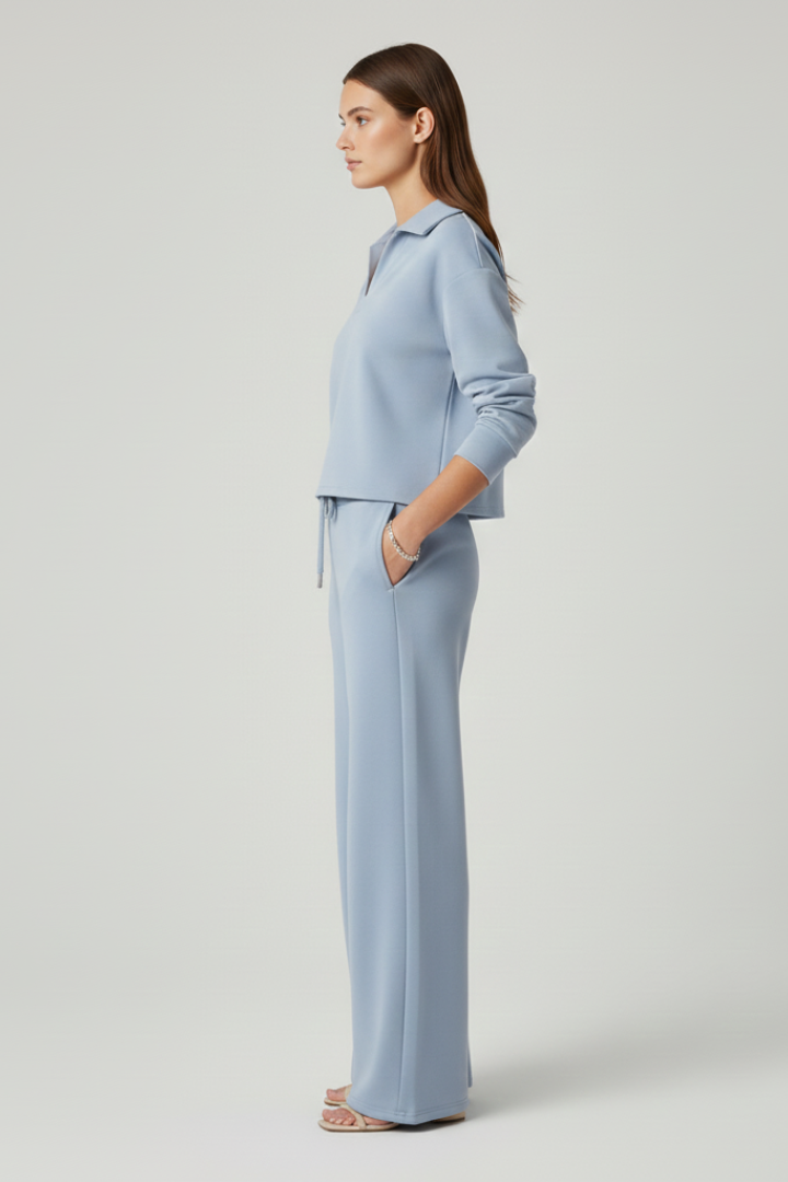 Women's Two-Piece Set with V-Neck Long Sleeve Top and Wide-Leg Pants | Relaxed Fit Coordinated Everyday Lounge Set with Pockets