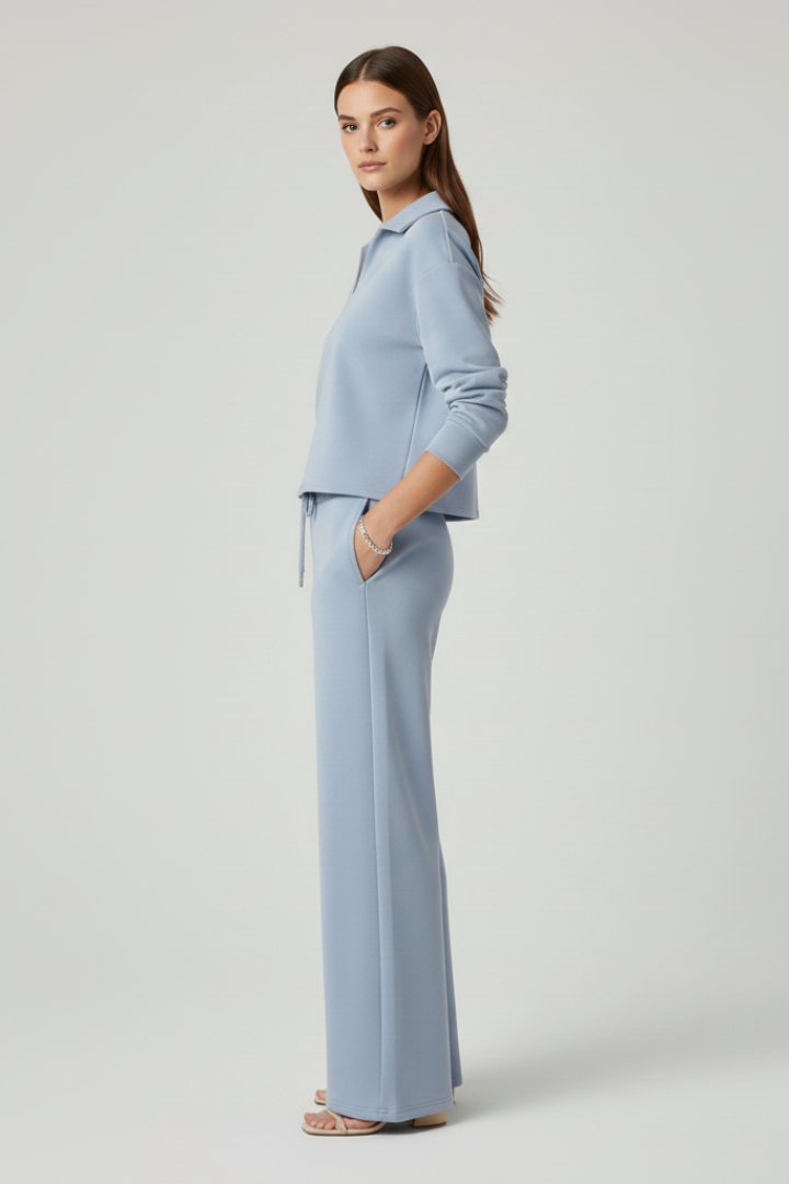 Women's Two-Piece Set with V-Neck Long Sleeve Top and Wide-Leg Pants | Relaxed Fit Coordinated Everyday Lounge Set with Pockets