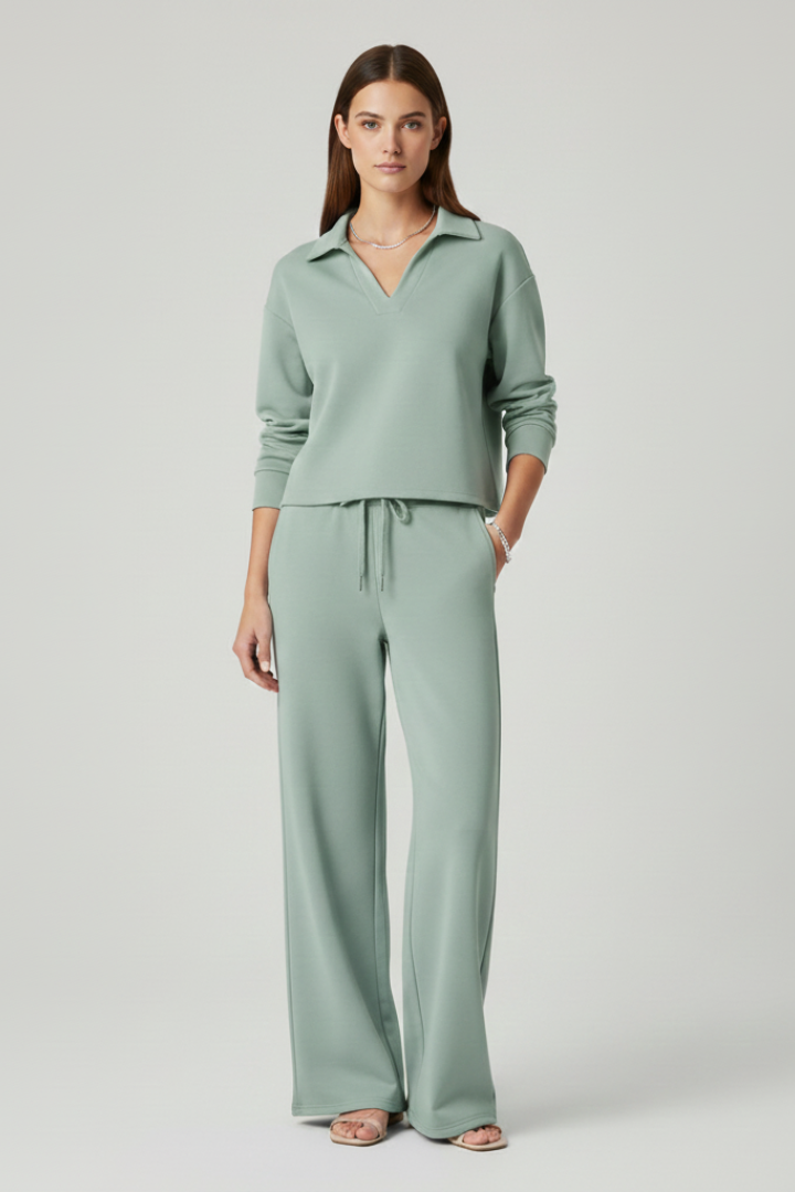 Women's Two-Piece Set with V-Neck Long Sleeve Top and Wide-Leg Pants | Relaxed Fit Coordinated Everyday Lounge Set with Pockets