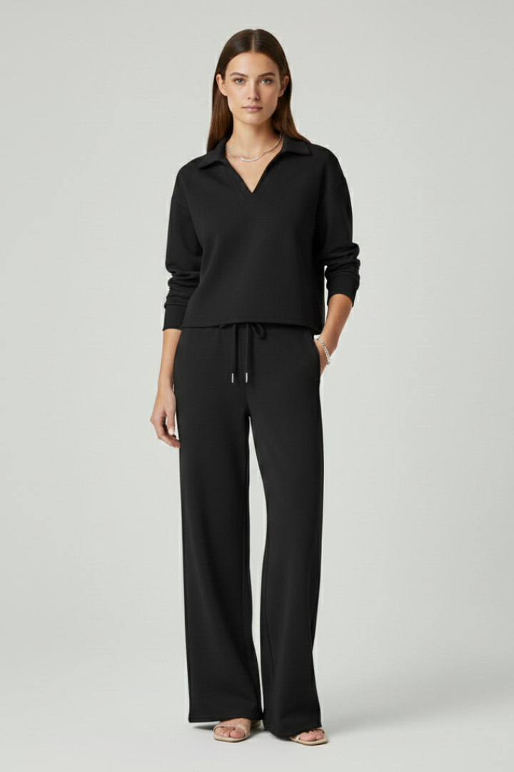 Women's Two-Piece Set with V-Neck Long Sleeve Top and Wide-Leg Pants | Relaxed Fit Coordinated Everyday Lounge Set with Pockets