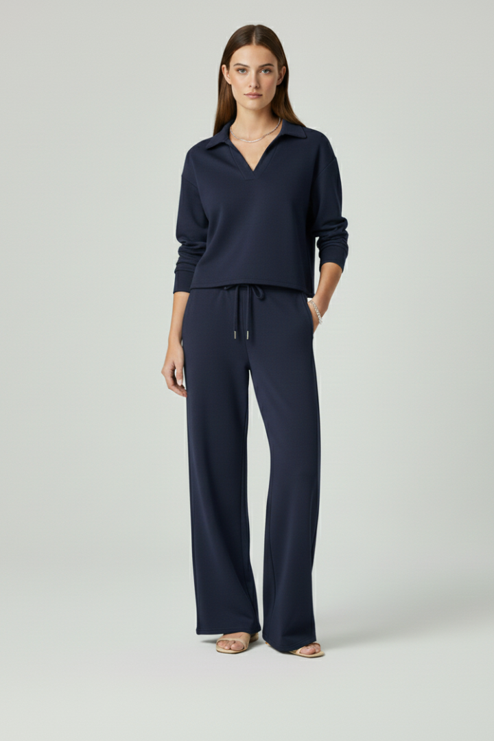 Women's Two-Piece Set with V-Neck Long Sleeve Top and Wide-Leg Pants | Relaxed Fit Coordinated Everyday Lounge Set with Pockets