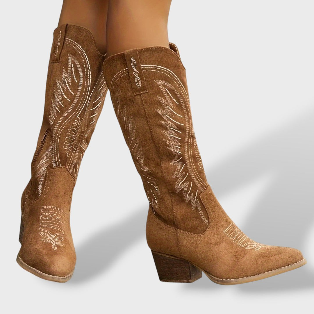 Women's Orthopedic Cowboy Boots | Suede Western Tall Boots with Embroidered Wing Detail and Comfortable Block Heel Support