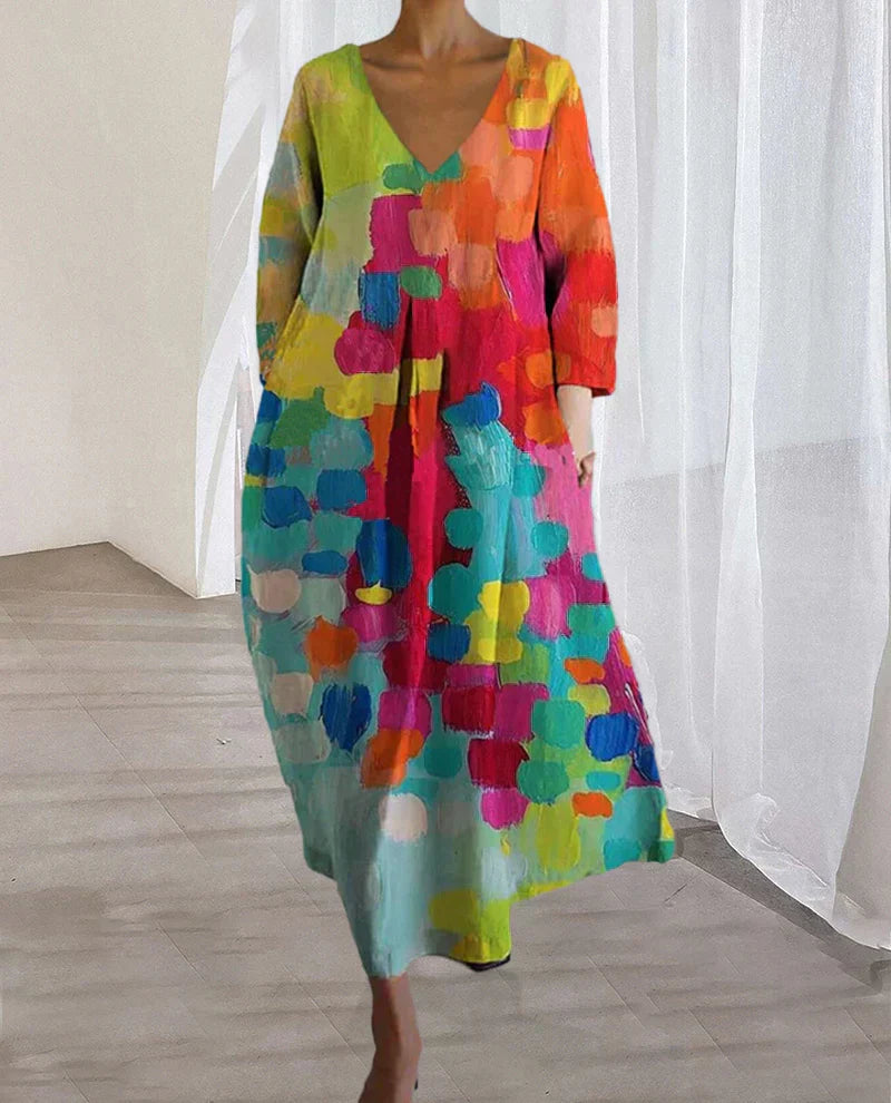 Tracey Women's Summer Dress - Airy Linen Dress with Colorful Pattern and Accentuating Cut