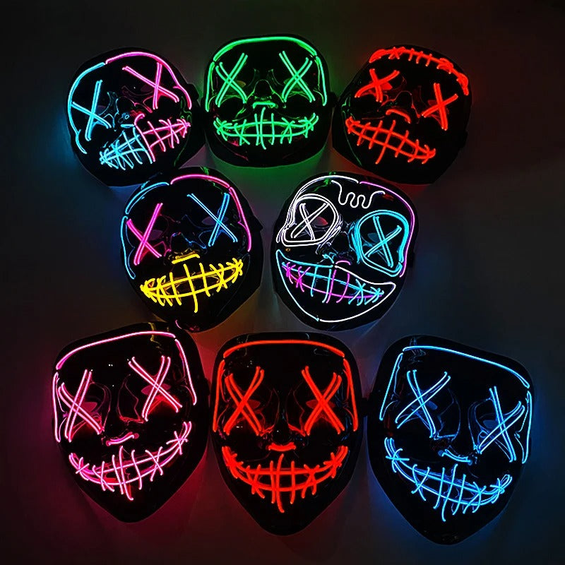 Bezdrátová neonová LED maska na pročištění – maska na Halloween a cosplay, která svítí ve tmě