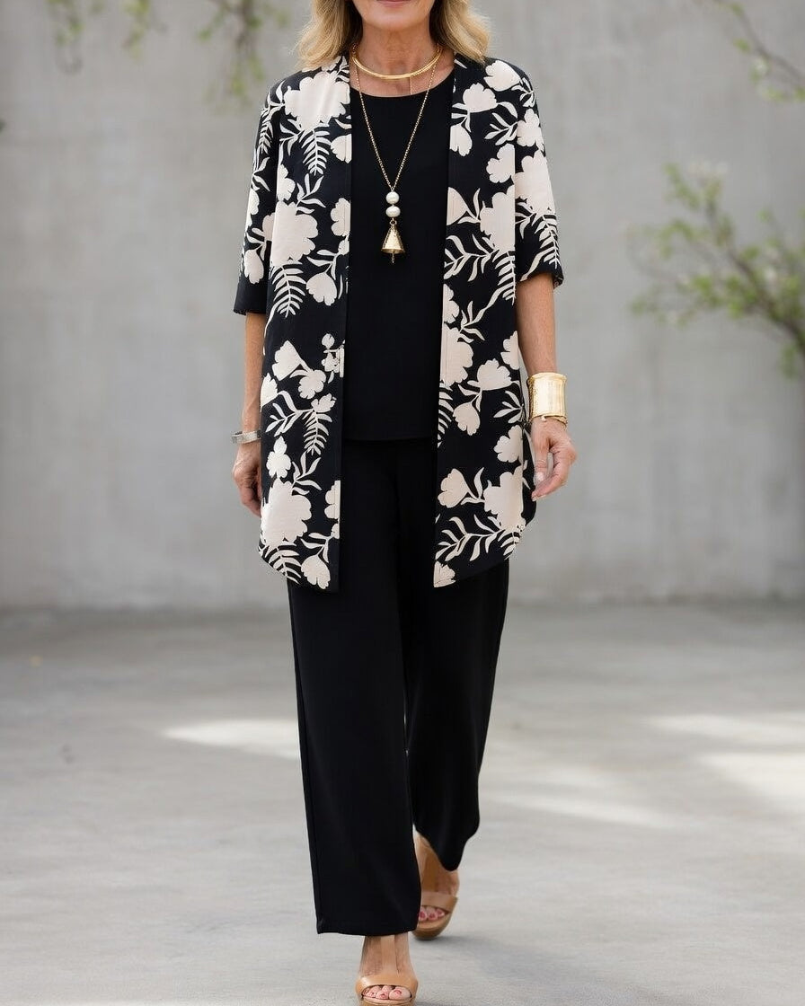 Ensemble 3 pièces pour femme comprenant un cardigan imprimé et un pantalon à jambes larges | Tenue d'été légère et ample, idéale pour les voyages et le quotidien