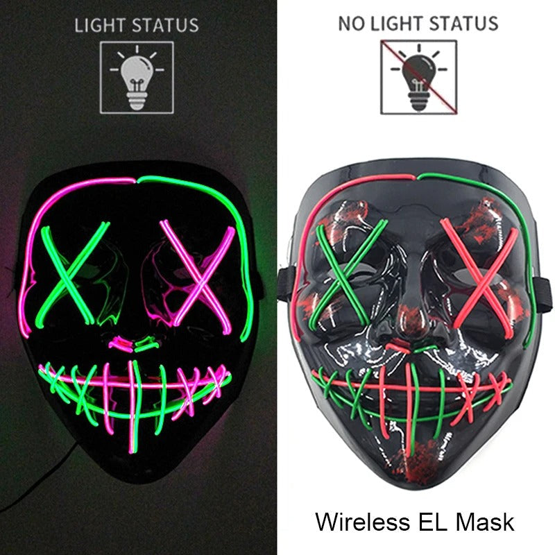 Bezdrátová neonová LED maska na pročištění – maska na Halloween a cosplay, která svítí ve tmě