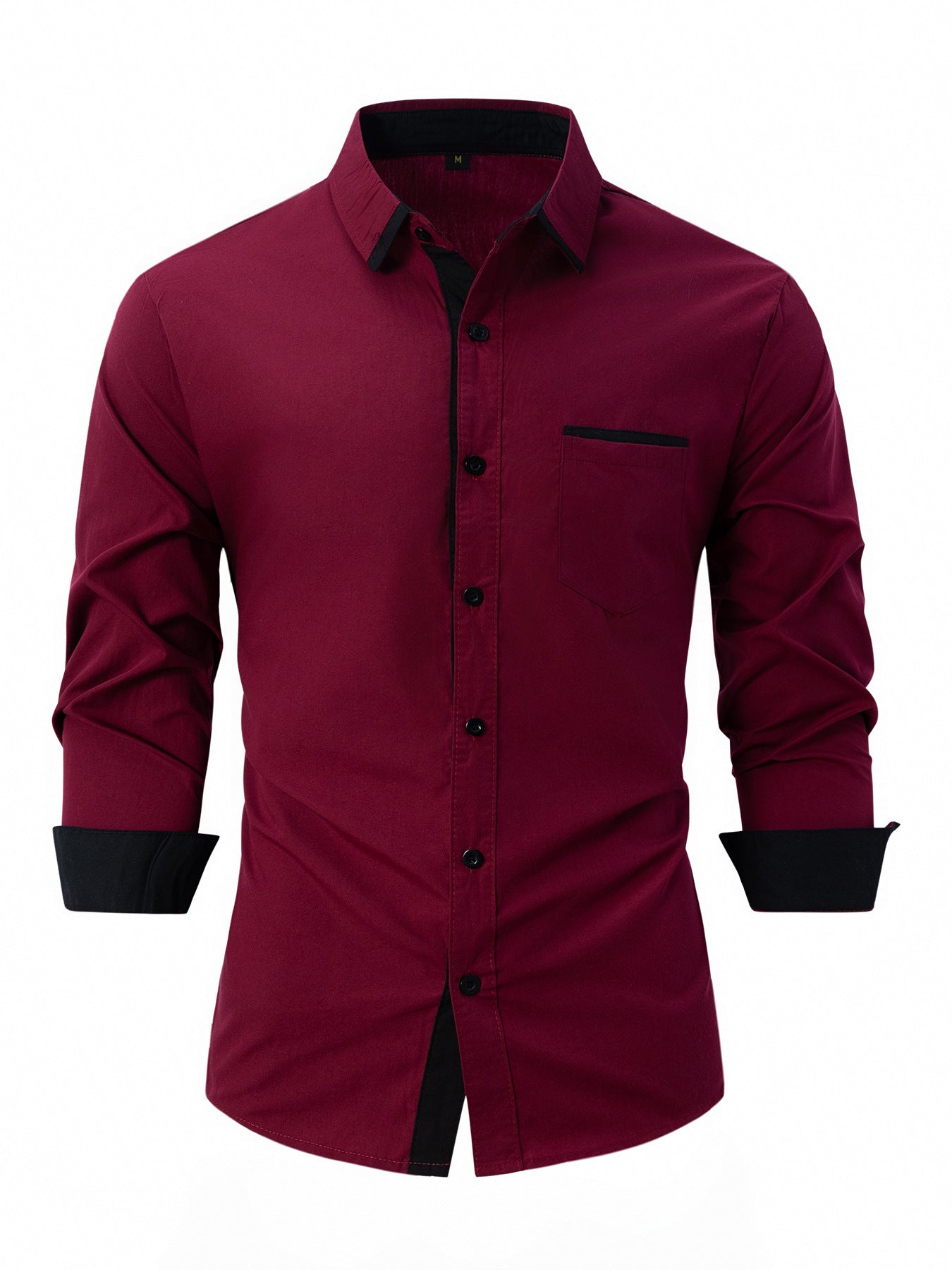 Camicia uomo bordeaux elegante, maniche lunghe, colletto classico, polsini neri a contrasto, perfetta per abbigliamento formale e casual.