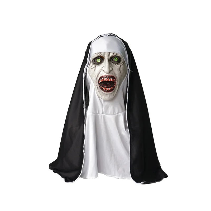 Strašidelná latexová halloweenská maska jeptišky s kapucí – hororový cosplayový kostým zakrývající celou hlavu na večírky a strašidelné domy