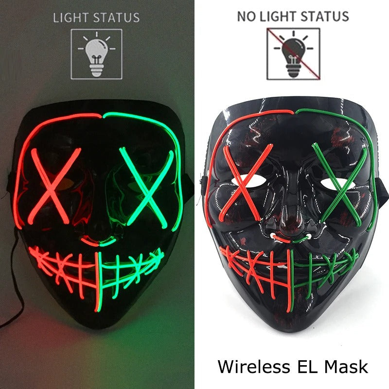 Bezdrátová neonová LED maska na pročištění – maska na Halloween a cosplay, která svítí ve tmě