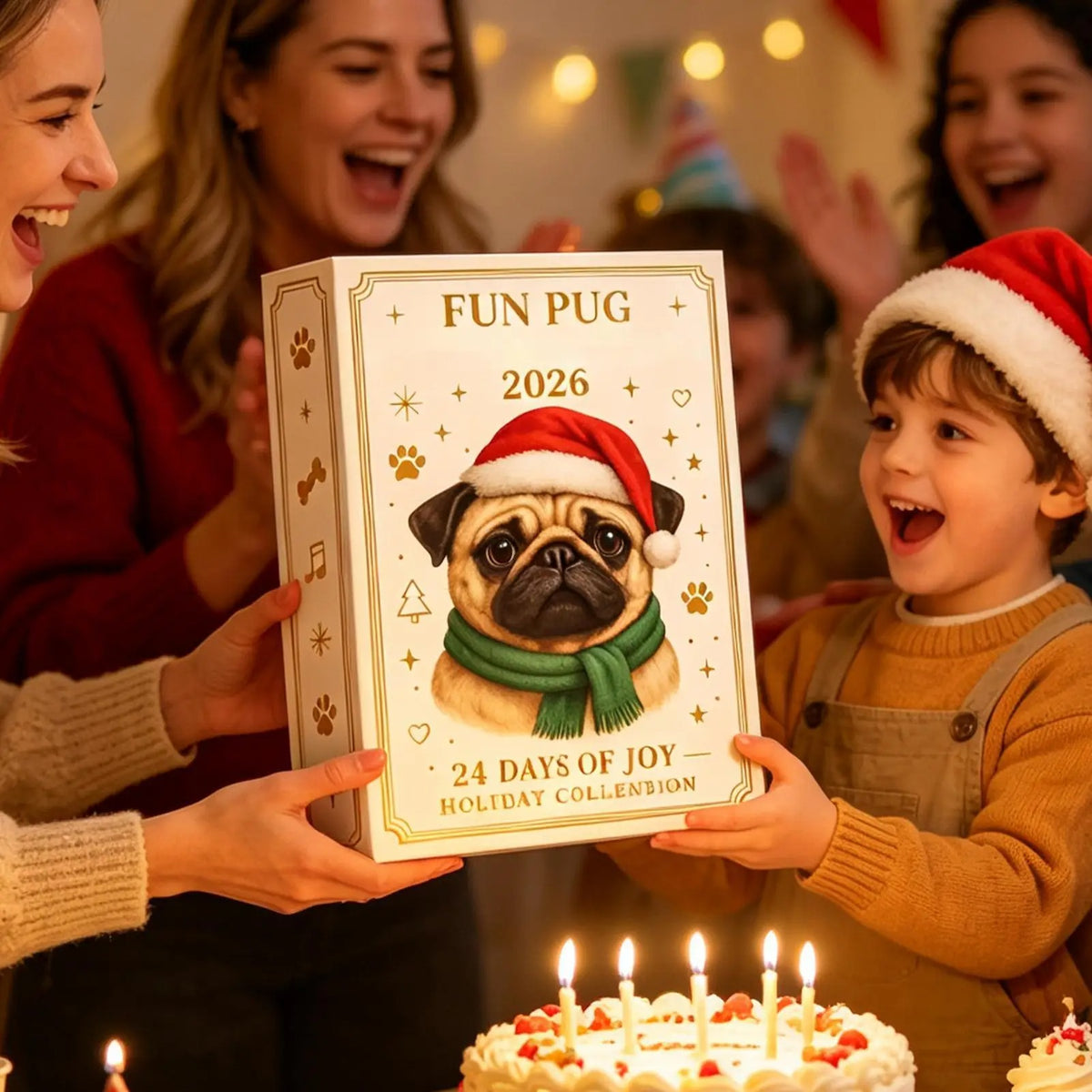 Mops-julekalender 2026 – 24 dage – mini-hundefigurer – adventskalender – festlig dekoration – festartikler – julesokker – kontor – bord – stue