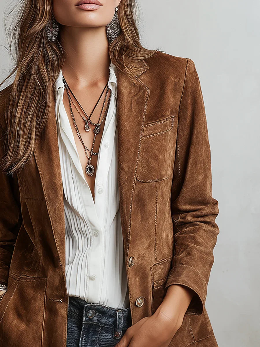 Button-Down Suede Blazer for Women