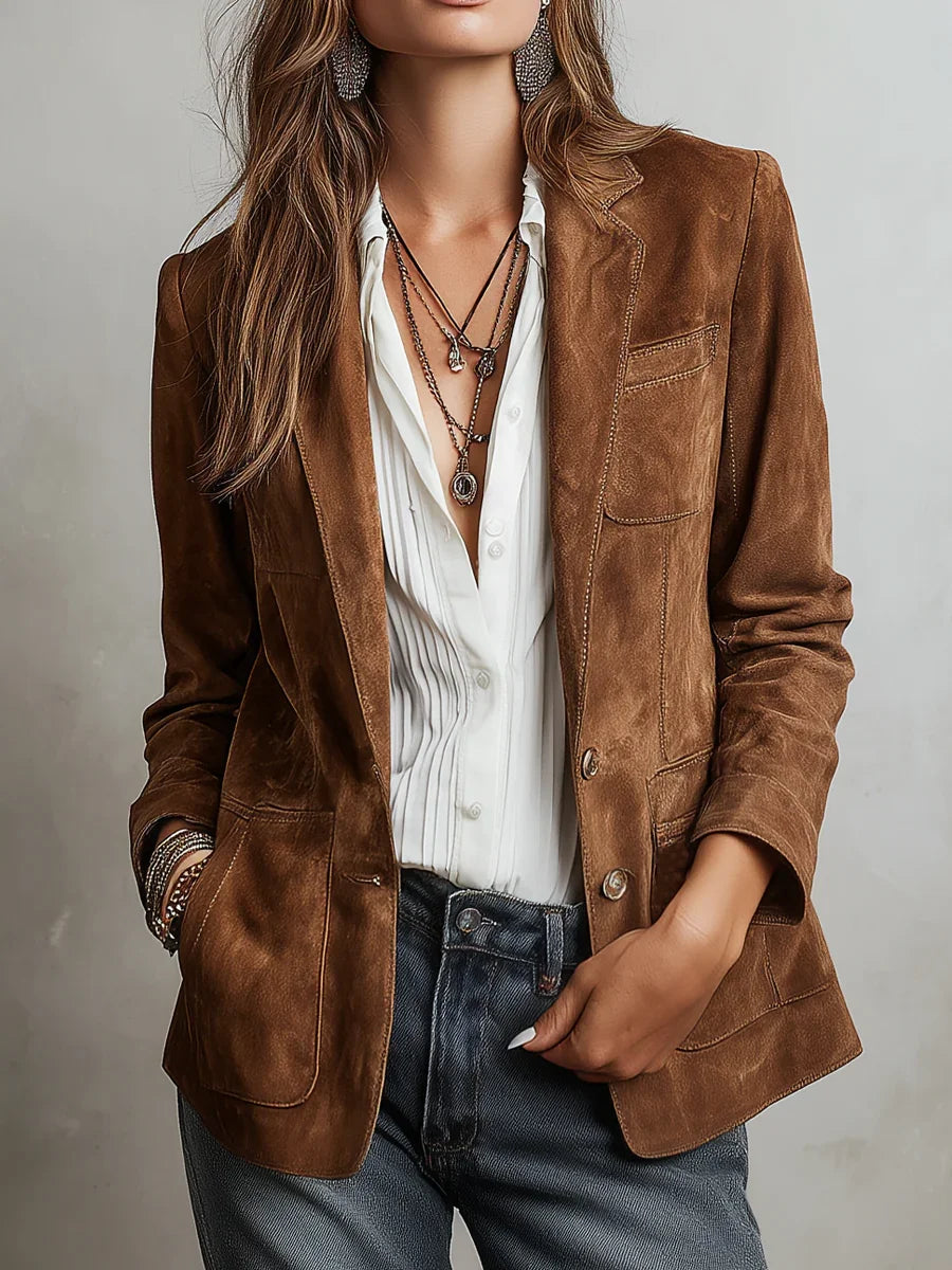 Button-Down Suede Blazer for Women in Brown