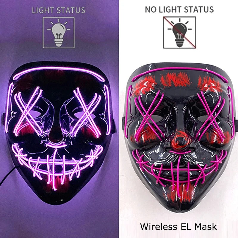 Bezdrátová neonová LED maska na pročištění – maska na Halloween a cosplay, která svítí ve tmě