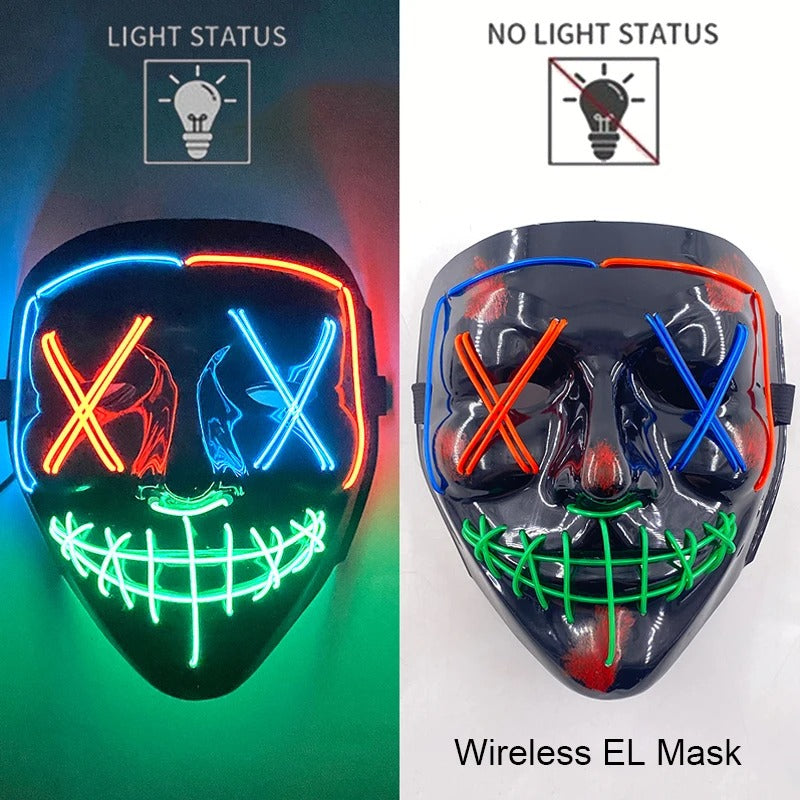 Bezdrátová neonová LED maska na pročištění – maska na Halloween a cosplay, která svítí ve tmě