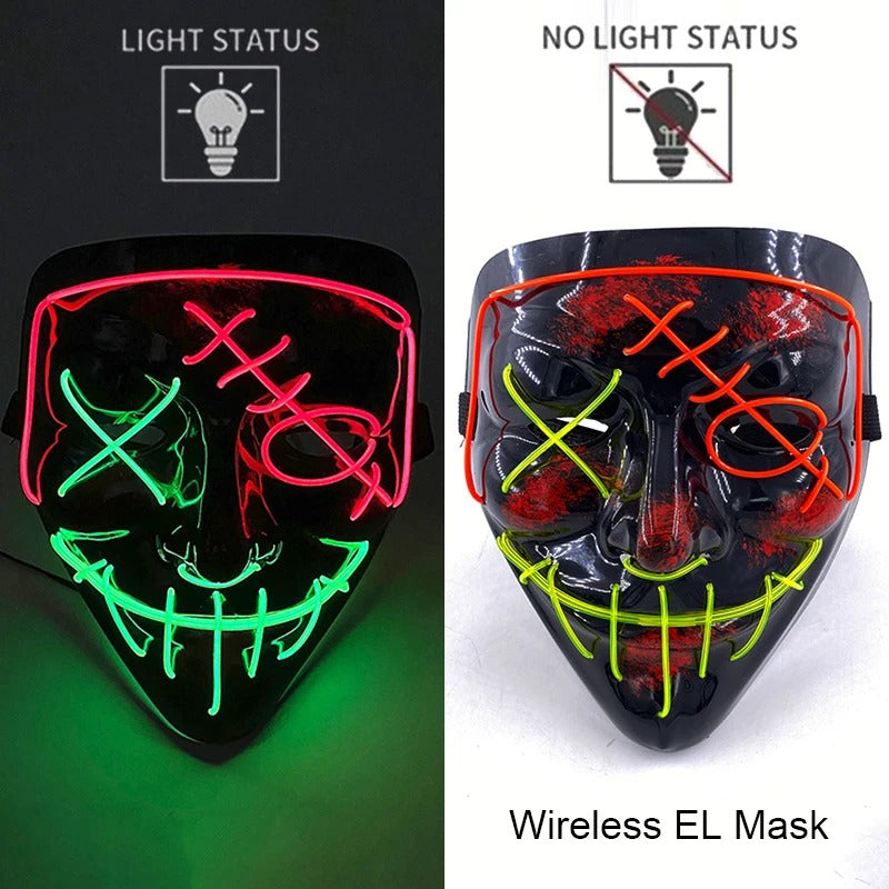 Bezdrátová neonová LED maska na pročištění – maska na Halloween a cosplay, která svítí ve tmě