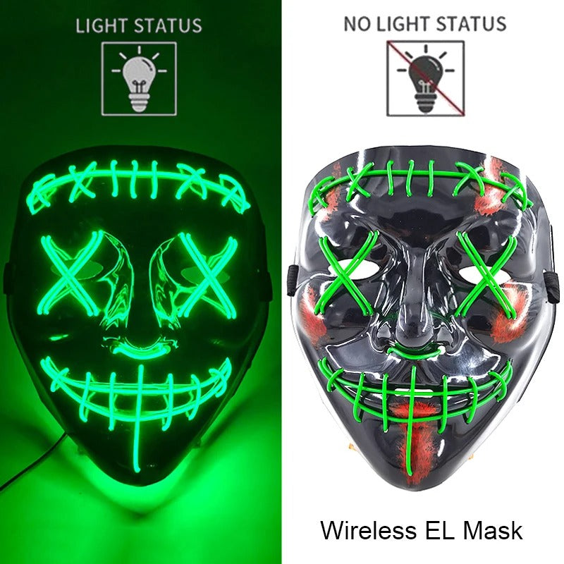 Bezdrátová neonová LED maska na pročištění – maska na Halloween a cosplay, která svítí ve tmě