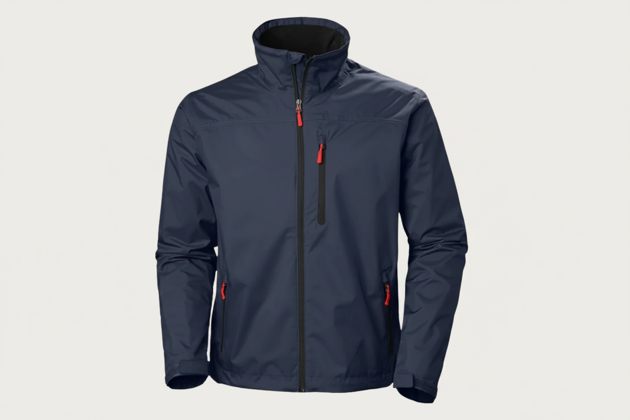 Giacca impermeabile blu scuro con zip rossa, colletto alto e logo bianco. Design sportivo, ideale per attività outdoor e tempo libero.