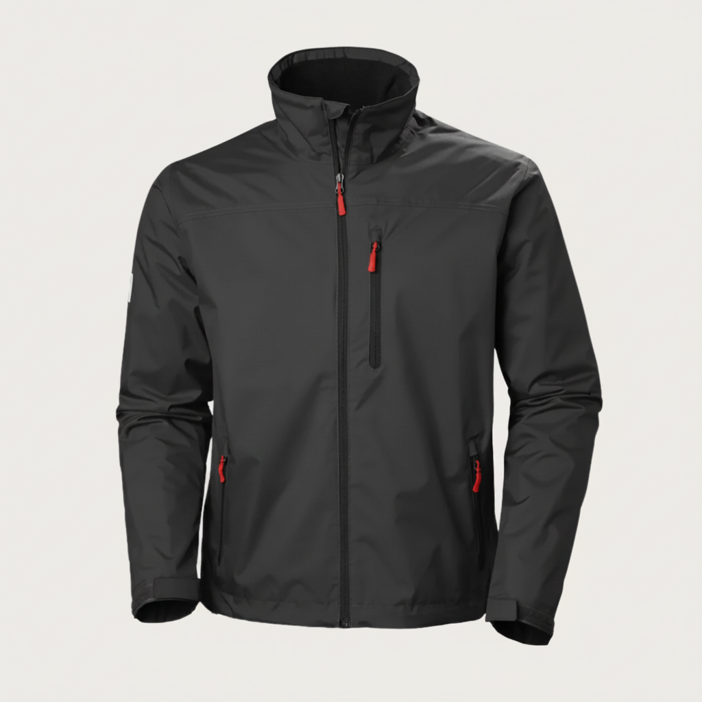Giacca impermeabile nera Helly Hansen con zip rossa, tasche laterali e logo sul colletto. Ideale per outdoor e sport.