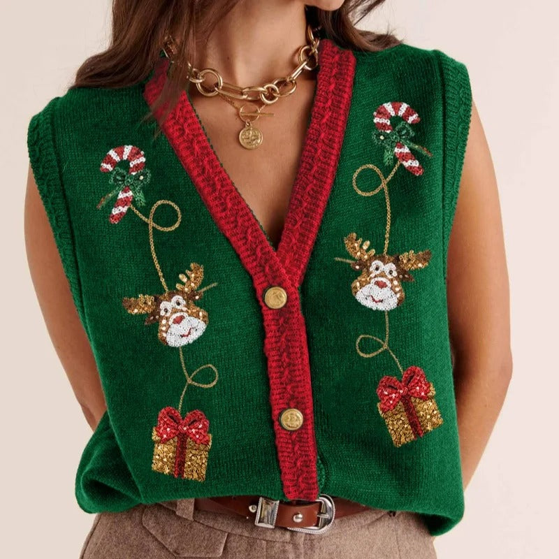 Gilet de Noël pour femme – Cardigan festif à boutons, orné de paillettes représentant des bonhommes en pain d'épices et des cannes à sucre