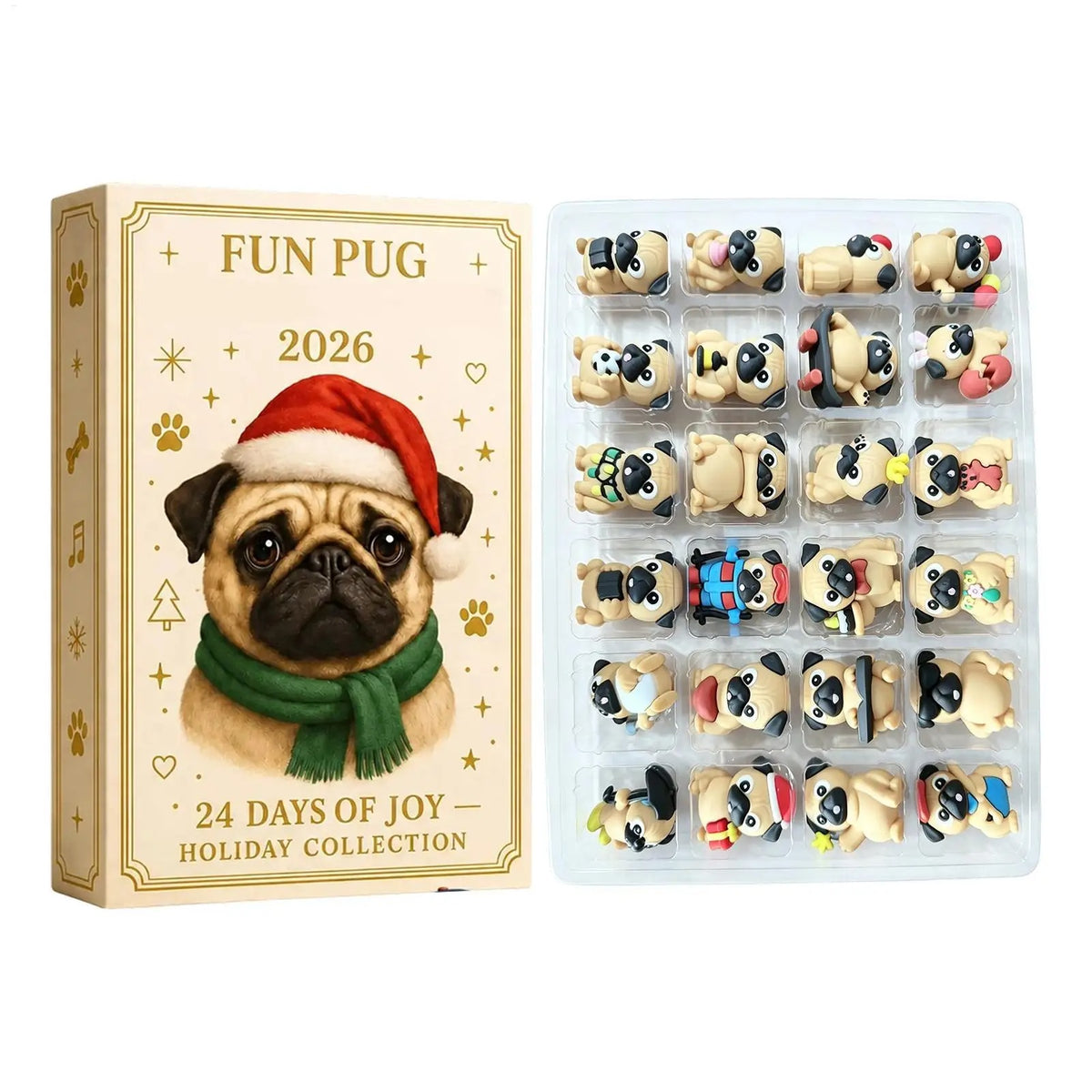 Mops-julekalender 2026 – 24 dage – mini-hundefigurer – adventskalender – festlig dekoration – festartikler – julesokker – kontor – bord – stue