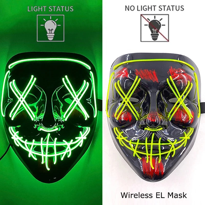 Bezdrátová neonová LED maska na pročištění – maska na Halloween a cosplay, která svítí ve tmě