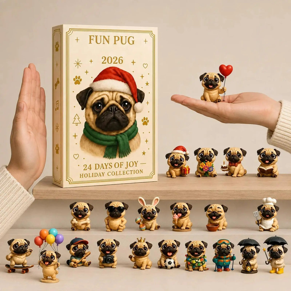 Mops-julekalender 2026 – 24 dage – mini-hundefigurer – adventskalender – festlig dekoration – festartikler – julesokker – kontor – bord – stue