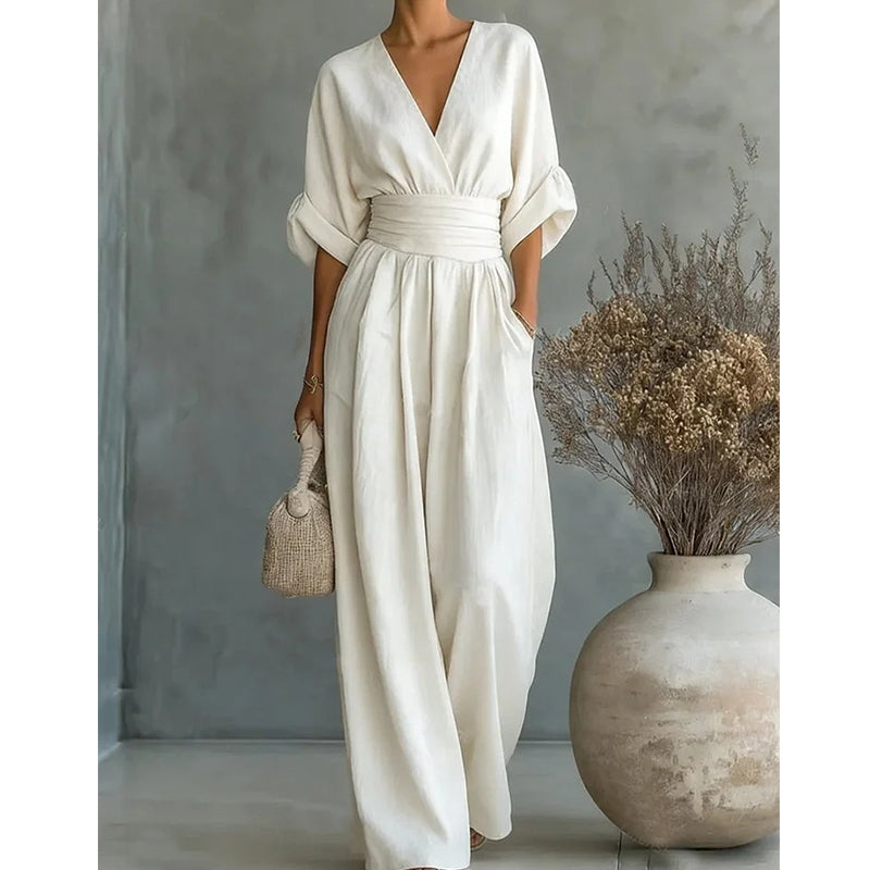 Women's V-Neck Wide Leg Jumpsuit - Lightweight Short Sleeve Fluid One-Piece with Cinched Waist for Summer and Evening Events