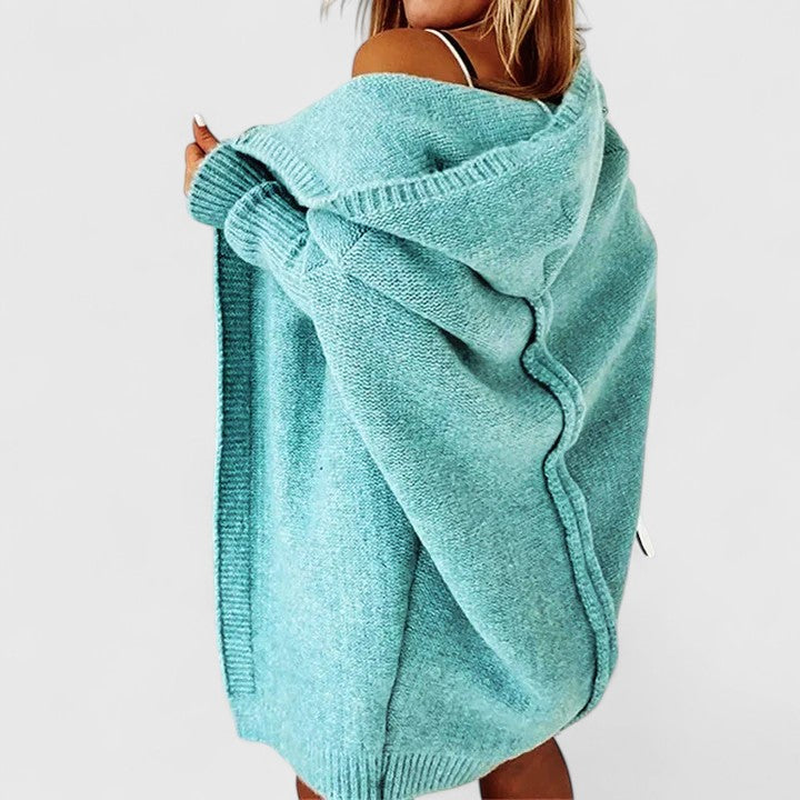 Damen Strickjacke Knielang mit Kapuze in Blau