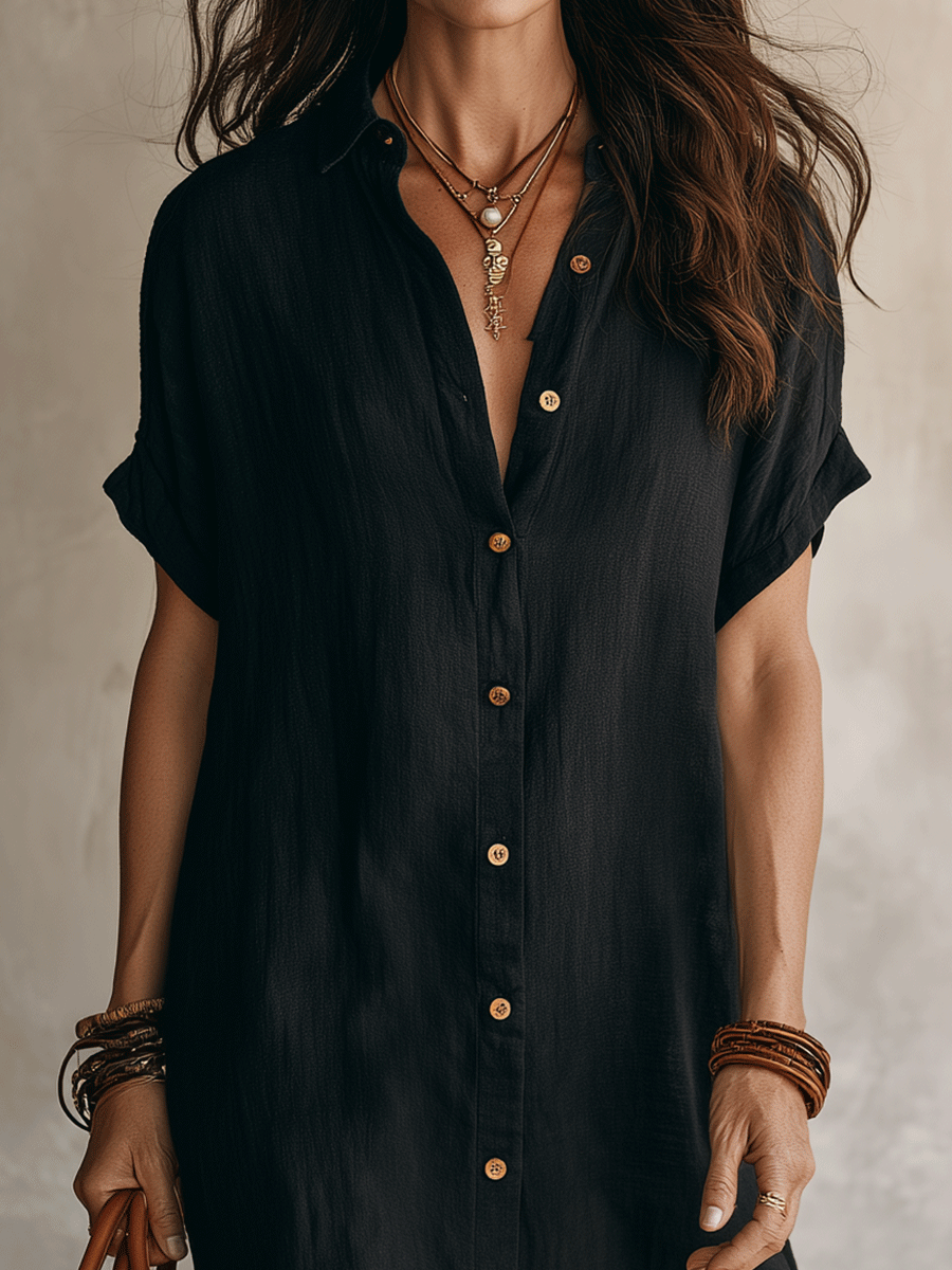 Robe-chemise midi en lin et coton pour femme | Robe d'été décontractée à manches courtes et boutons | Robe de tous les jours ample et respirante