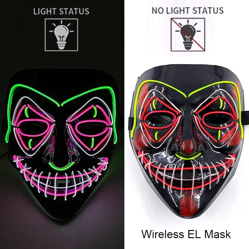 Bezdrátová neonová LED maska na pročištění – maska na Halloween a cosplay, která svítí ve tmě
