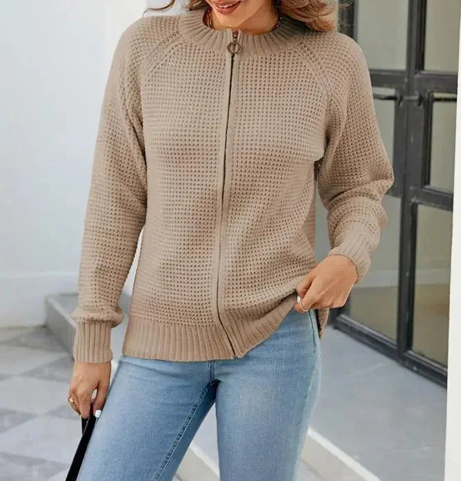 Damen Strickjacke Reißverschluss Rundhals Langarm Einfarbig - Image 4
