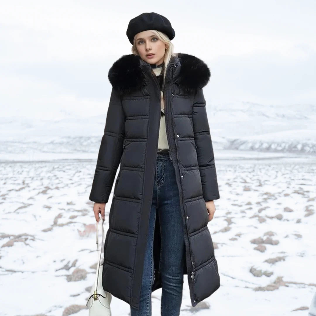 Designer winter parka with fur hood in Black