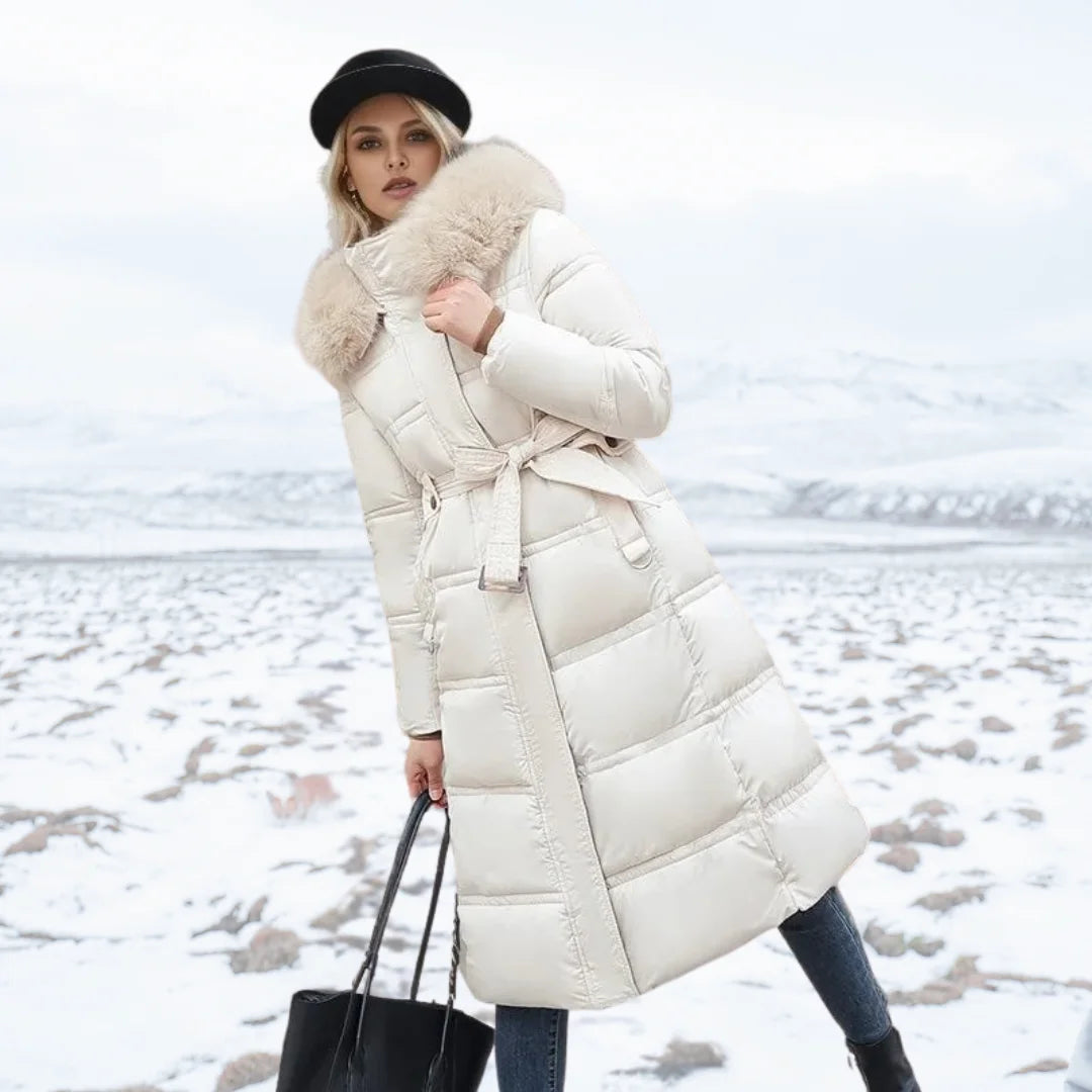Designer winter parka with fur hood in White and Beige