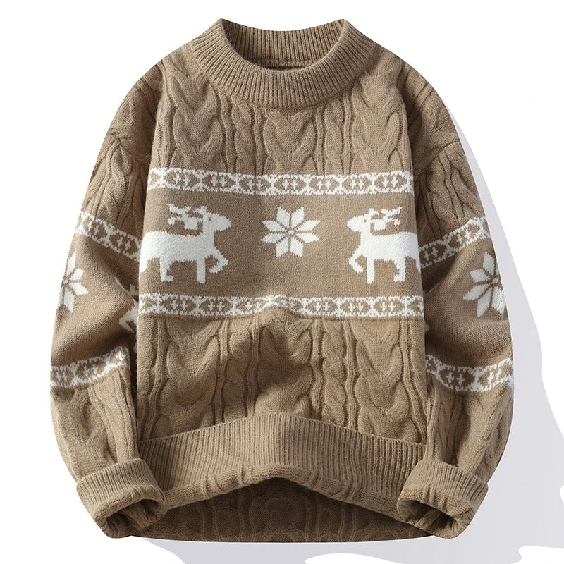 Julesweater til mænd – Vintertrøje i fletmønster med rensdyr og snefnug