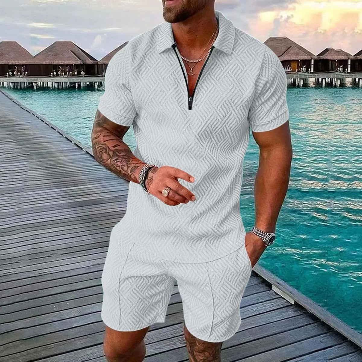 Men's Two-Piece Summer Set | Lightweight Short Sleeve Polo and Shorts Outfit | Breathable Cotton Blend Casual Wear
