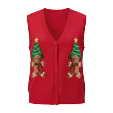 Gilet de Noël pour femme – Cardigan festif à boutons, orné de paillettes représentant des bonhommes en pain d'épices et des cannes à sucre