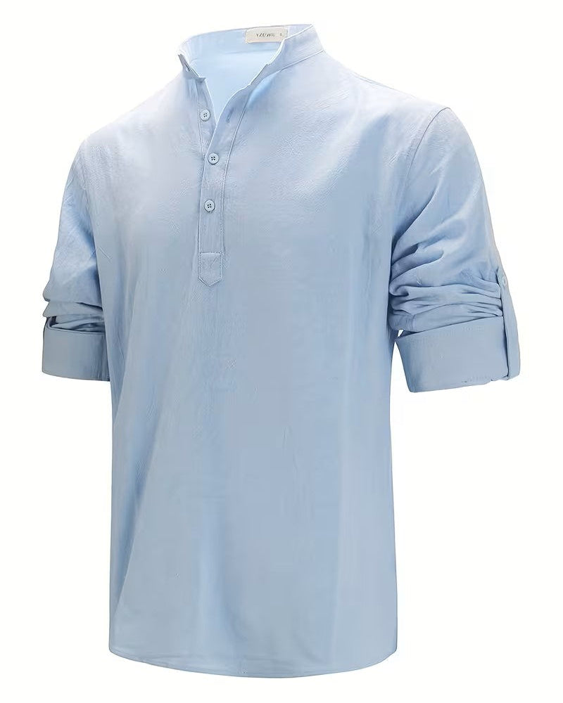 Camisa de hombre de mezcla de lino con cuello mandarín | Camisa de algodón de manga larga con cuello «grandad» | Camiseta informal ligera y transpirable