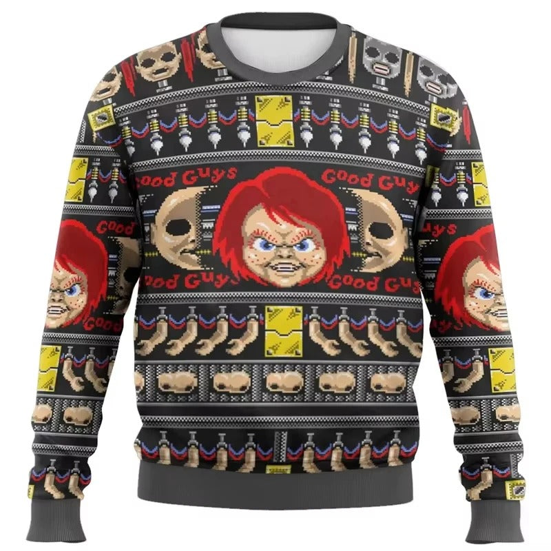 Felpa natalizia con grafica “Good Guys” – Pullover a maniche lunghe a righe colorate