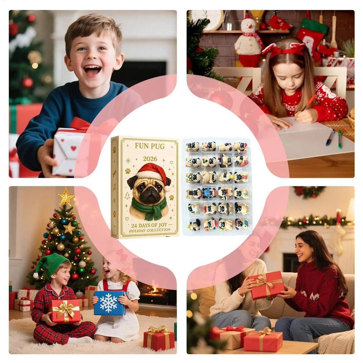 Mops-julekalender 2026 – 24 dage – mini-hundefigurer – adventskalender – festlig dekoration – festartikler – julesokker – kontor – bord – stue