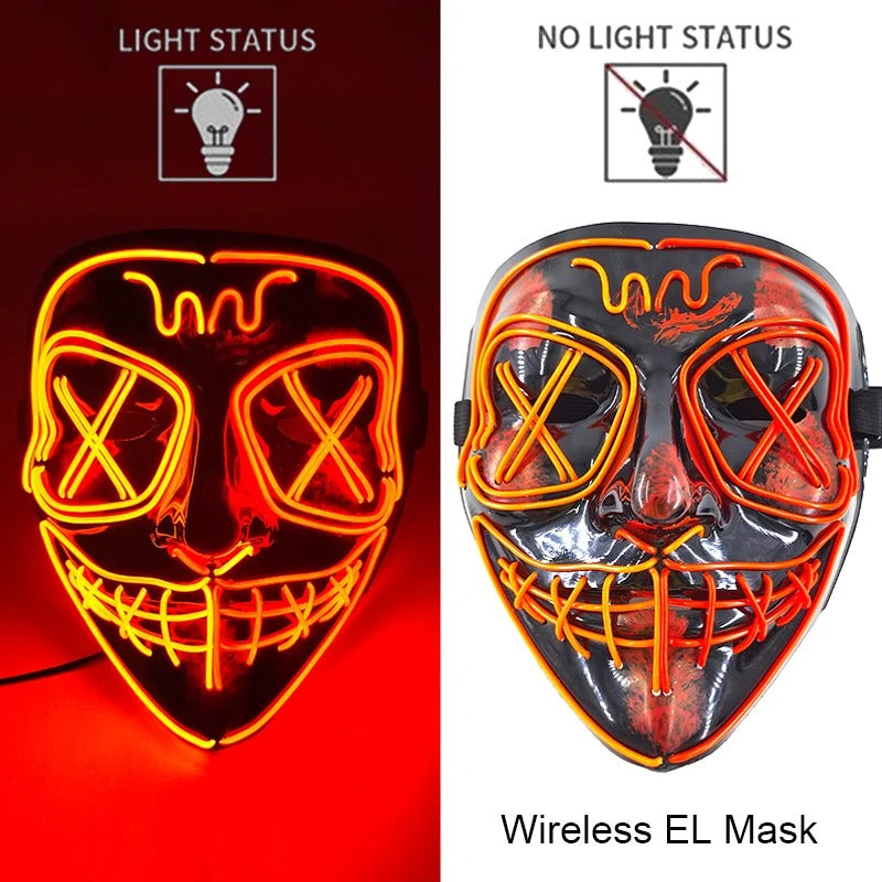 Bezdrátová neonová LED maska na pročištění – maska na Halloween a cosplay, která svítí ve tmě
