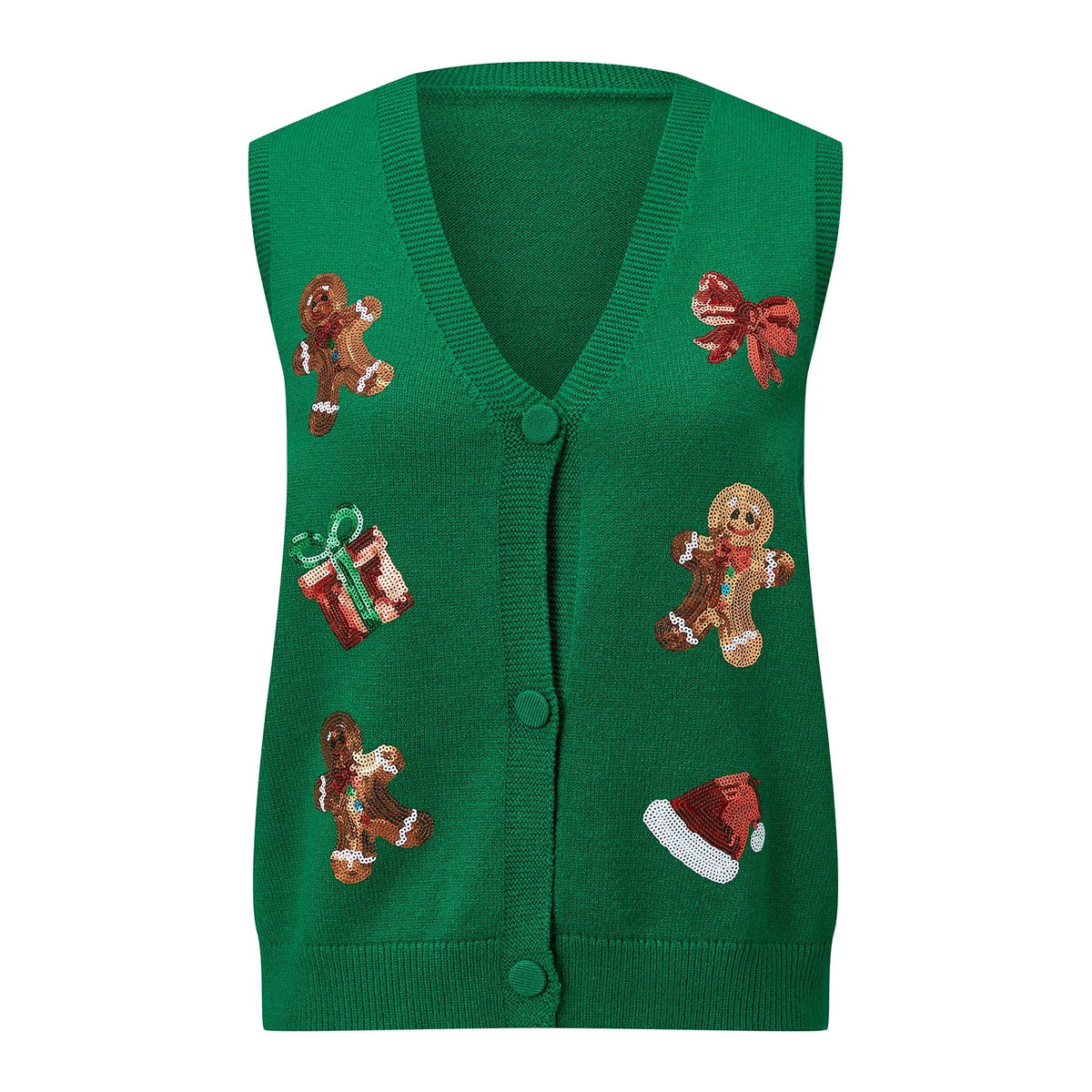 Gilet de Noël pour femme – Cardigan festif à boutons, orné de paillettes représentant des bonhommes en pain d'épices et des cannes à sucre
