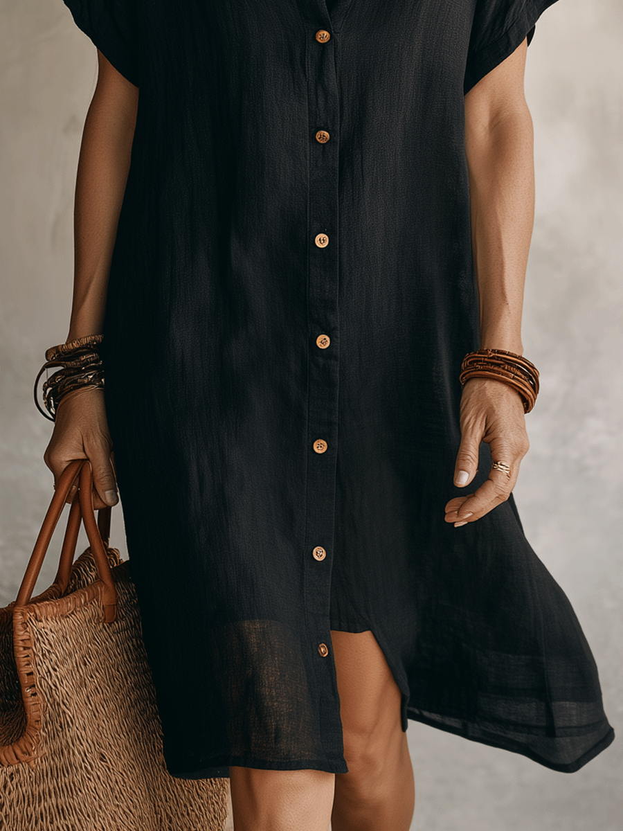 Robe-chemise midi en lin et coton pour femme | Robe d'été décontractée à manches courtes et boutons | Robe de tous les jours ample et respirante
