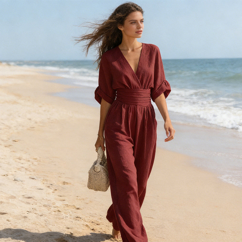 Women's V-Neck Wide Leg Jumpsuit - Lightweight Short Sleeve Fluid One-Piece with Cinched Waist for Summer and Evening Events