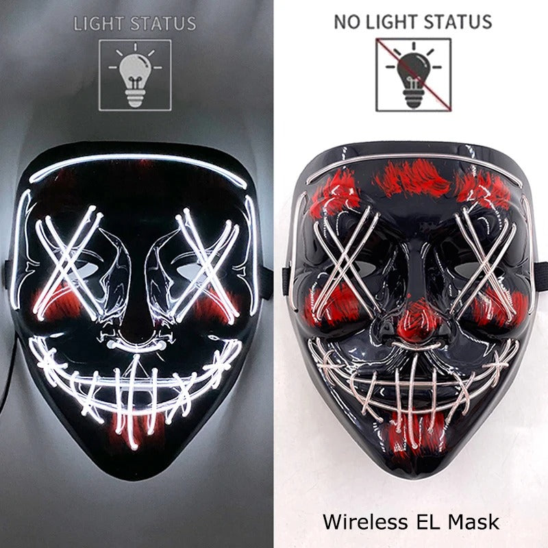 Bezdrátová neonová LED maska na pročištění – maska na Halloween a cosplay, která svítí ve tmě