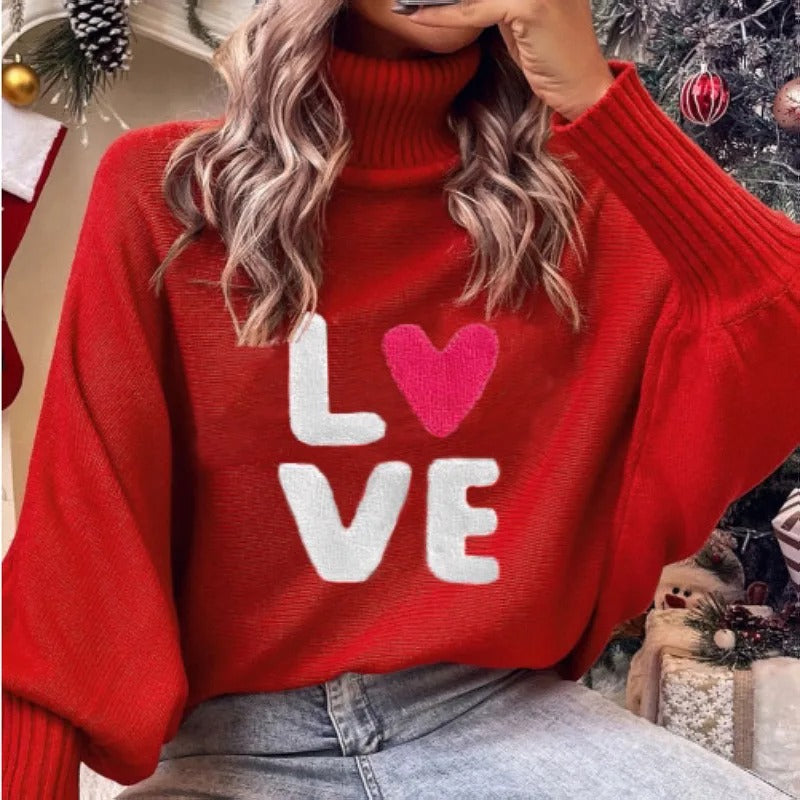 Jersey navideño para mujer: jersey de punto de cuello alto oversize con estampado de letras «Merry»