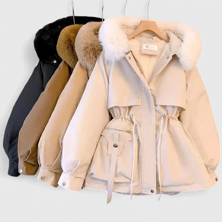 Women's zip-up faux fur hood parka with trim