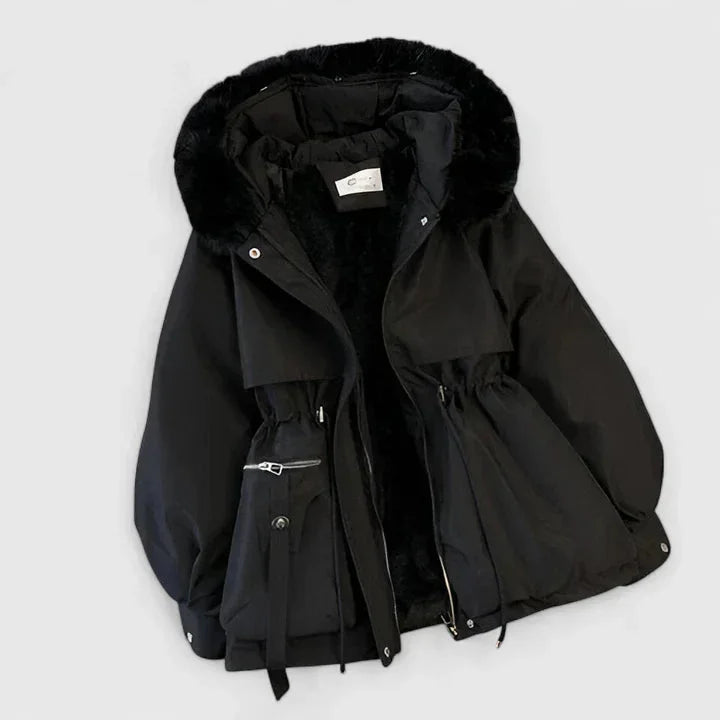 Women's zip-up faux fur hood parka with trim in Black