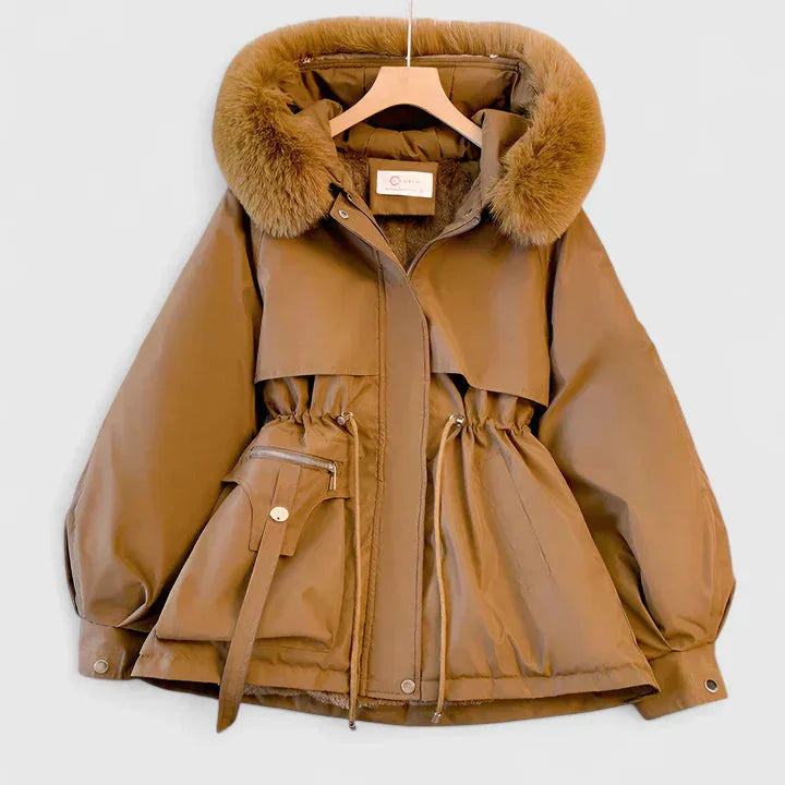 Women's zip-up faux fur hood parka with trim in Brown